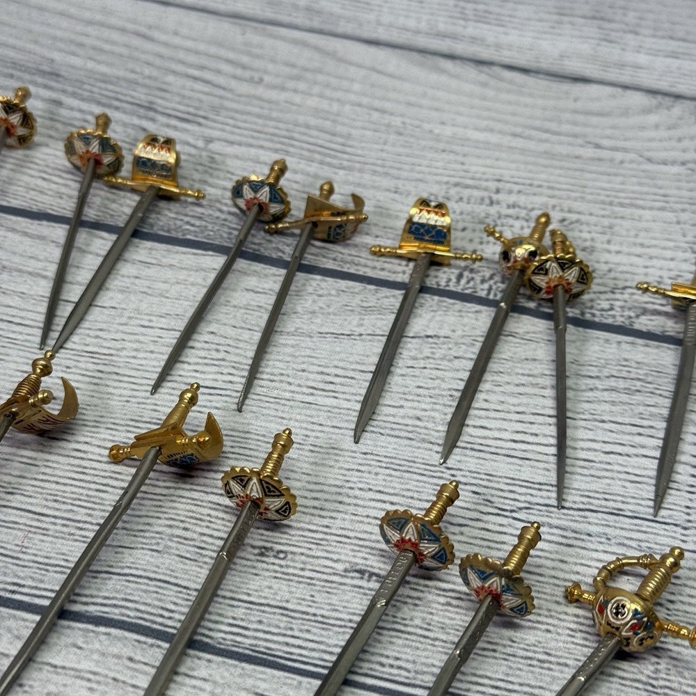 Toledo Mini Swords (18) Cocktail Picks Appetizer Skewer 2-Tier Stand Vintage MCM - Picture 13 of 14
